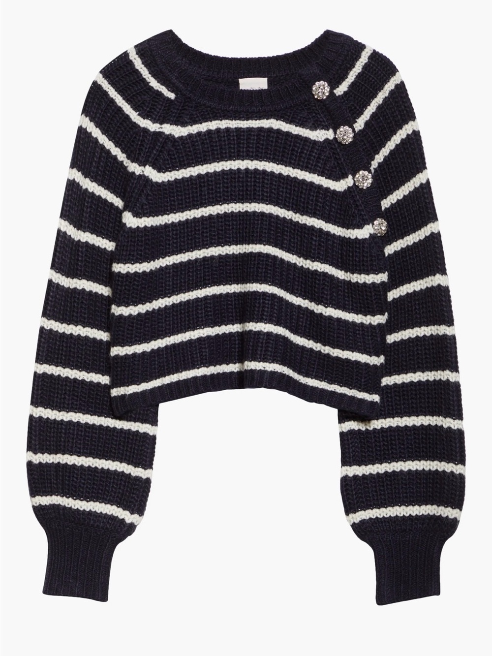 cinq a sept Navy and White Striped Cropped Crewneck Sweater with Crystal Buttons